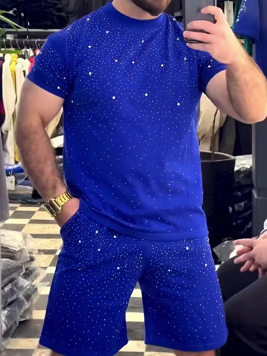 Men's Rhinestone Embellished Short Sleeve T-Shirt and Shorts Set