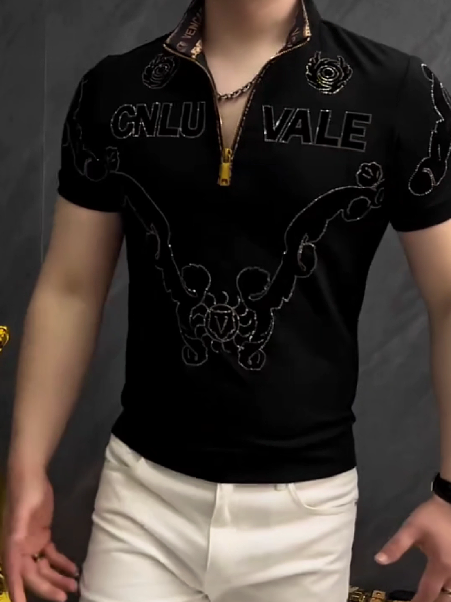 Men's Half-Zip Rhinestone Letter Polo Shirt