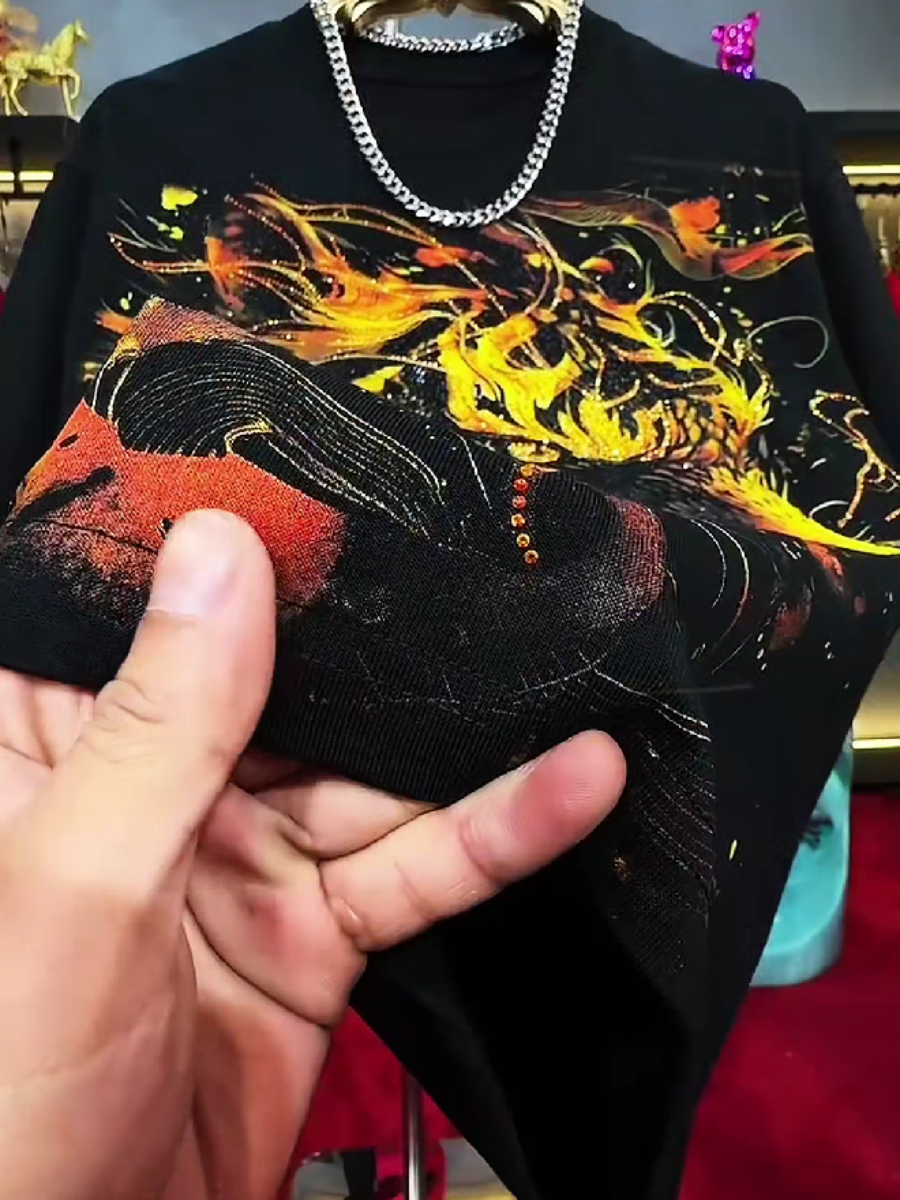 Men's Rhinestone Flaming Tiger Graphic T-Shirt