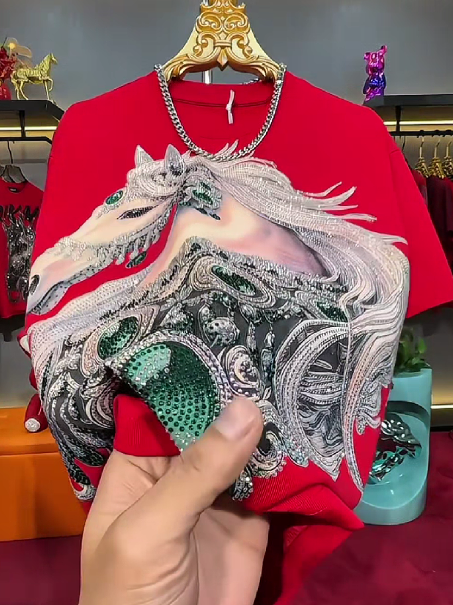 Men's Rhinestone Horse Head Graphic T-Shirt