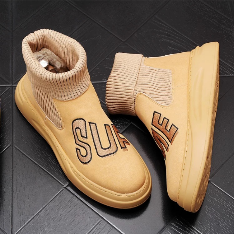 Men's Knit Cuff Slip-On Boots with Embroidered Letters