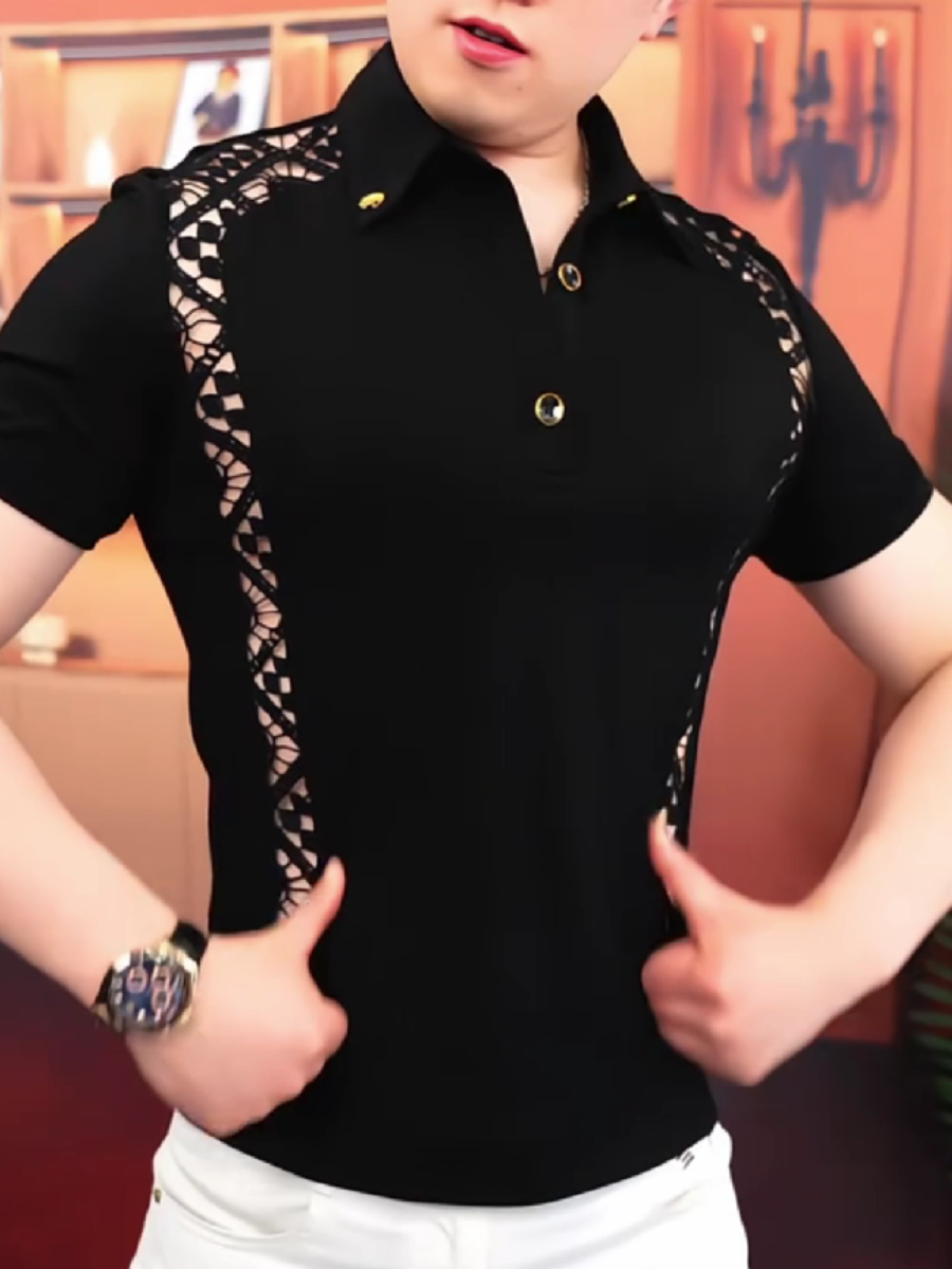 Men's Hollow Out Lace Panel Polo Shirt