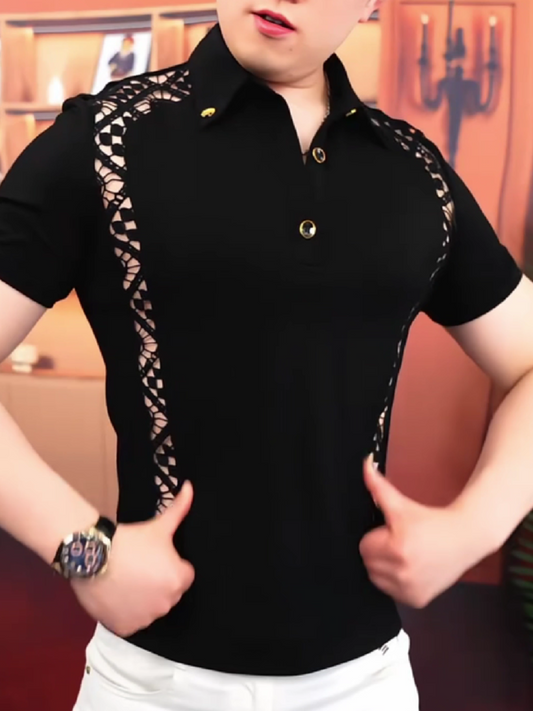 Men's Hollow Out Lace Panel Polo Shirt