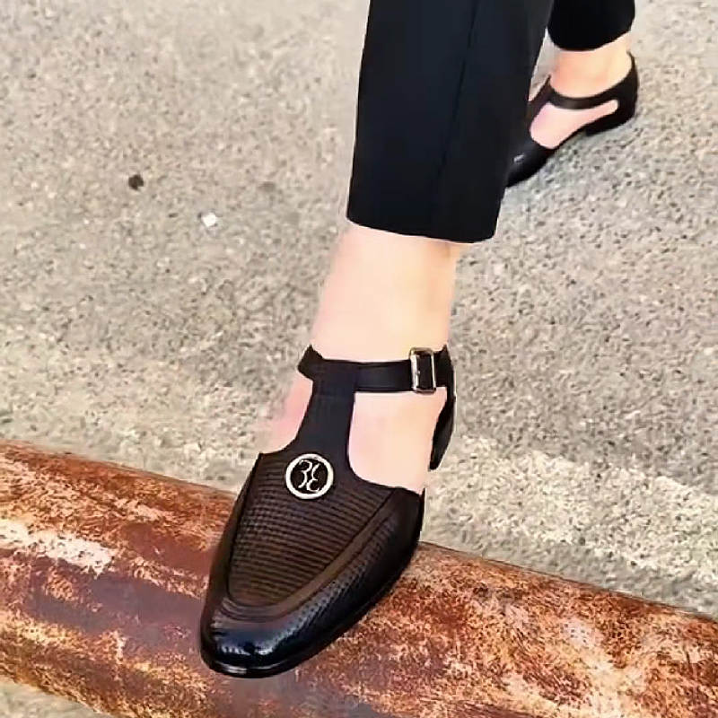 Men's Black T Bar Strap Sandals Shoe