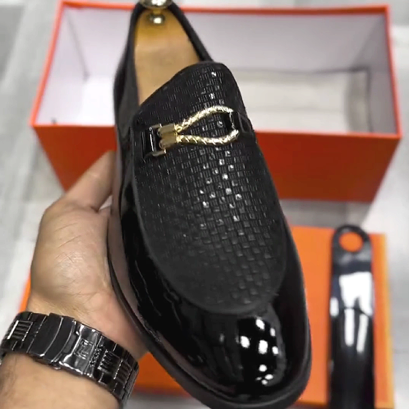 Men's Shiny Leather Slip-On Loafers with Buckle Strap