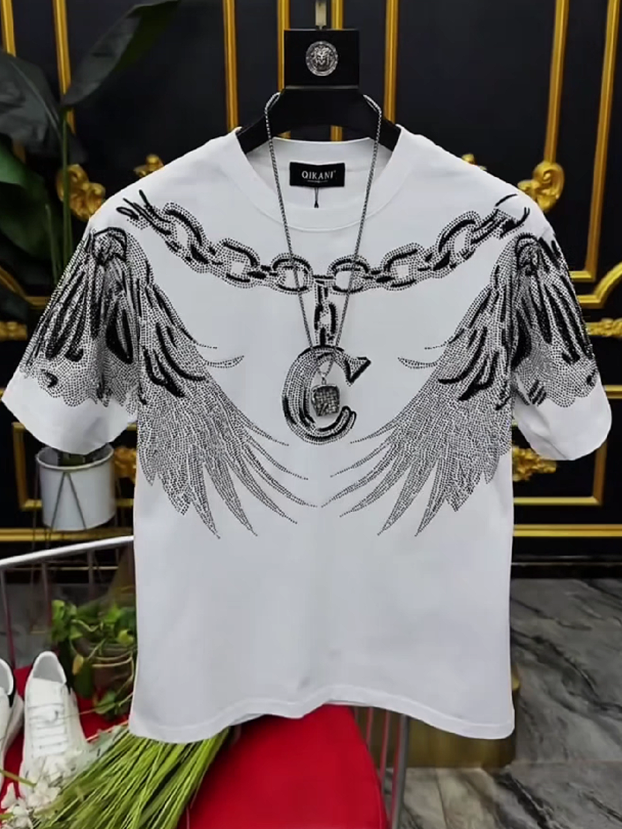 Men's Rhinestone Wings Chain Graphic Crew Neck T-Shirt