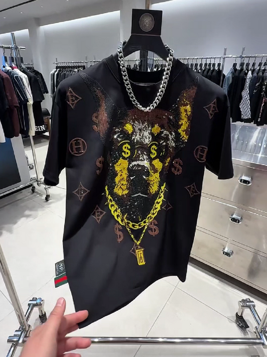 Men's Rhinestone Dog Head Dollar Graphic T-Shirt