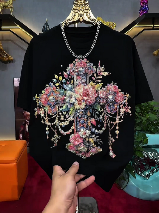 Men's Rhinestone Floral Cross T-Shirt
