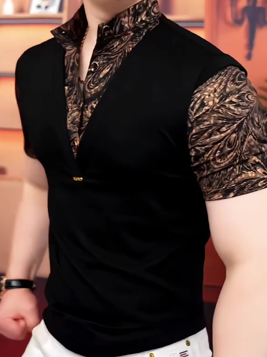 Men's V-Neck Patterned Collar Short Sleeve T-Shirt