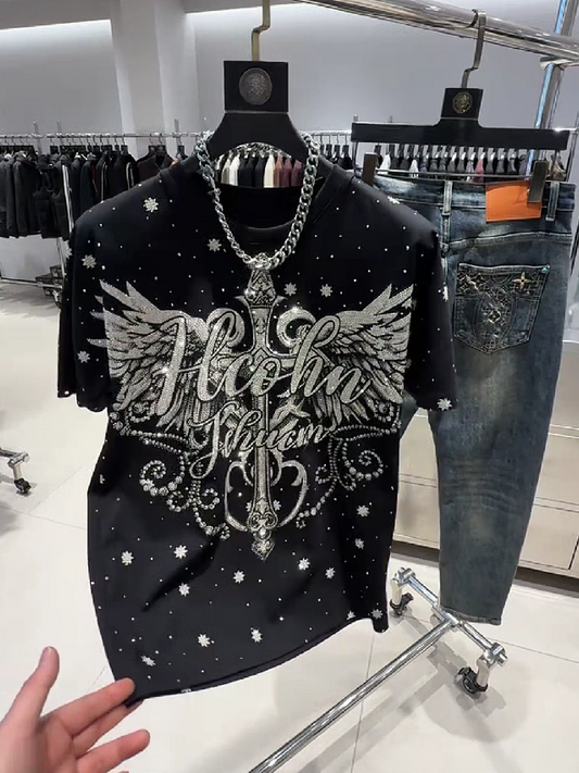 Men's Rhinestone Cross Wing Graphic T-Shirt