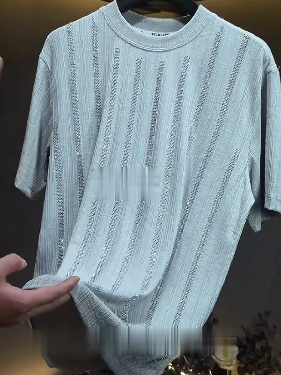 Men's Rhinestone Striped Crew Neck T-Shirt