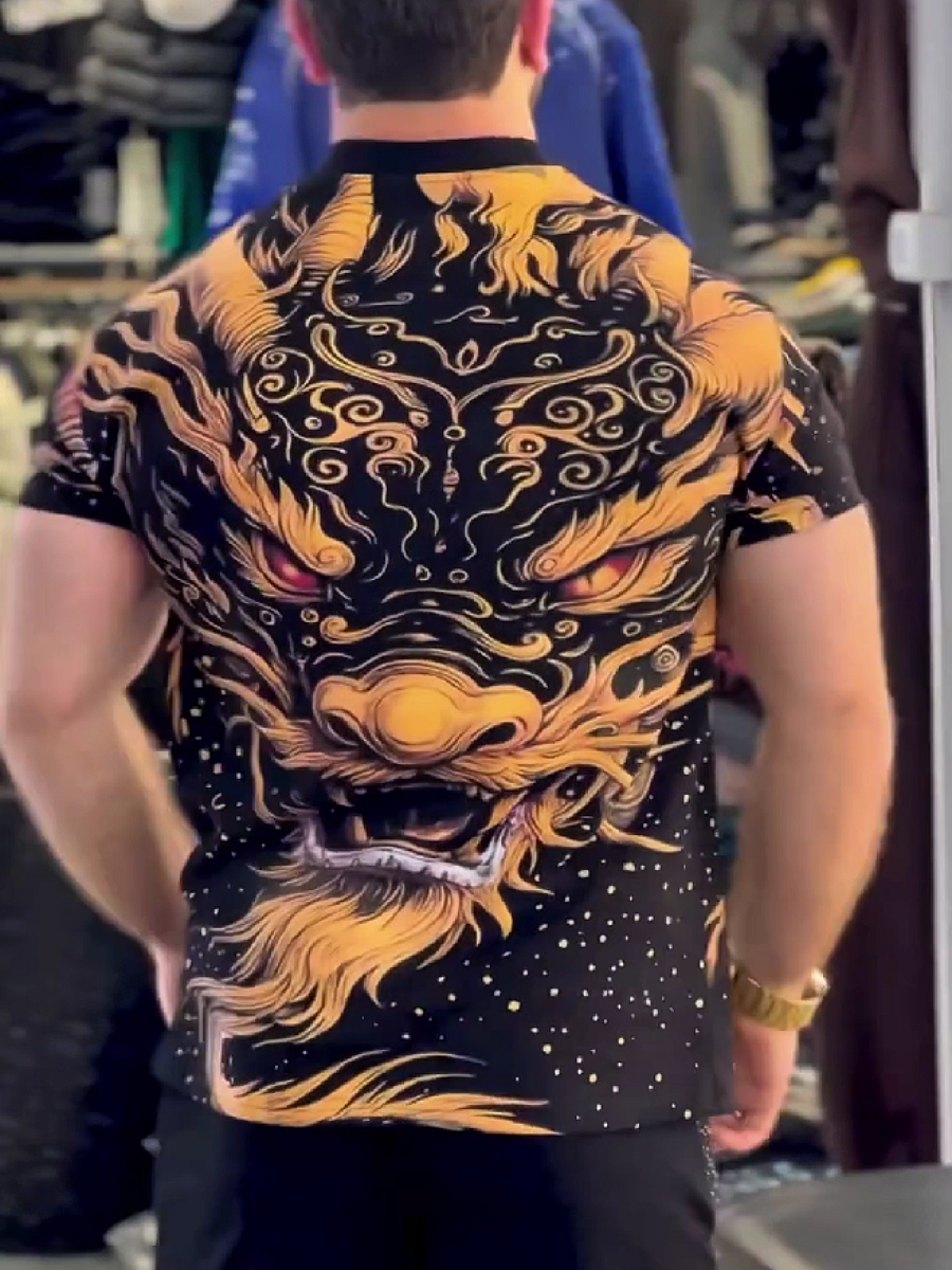 Men's Dragon Print Rhinestone T-Shirt