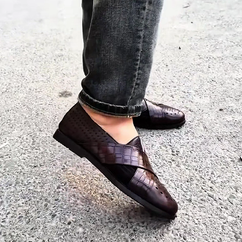 Men's Brown Leather Cross Strap Sandals