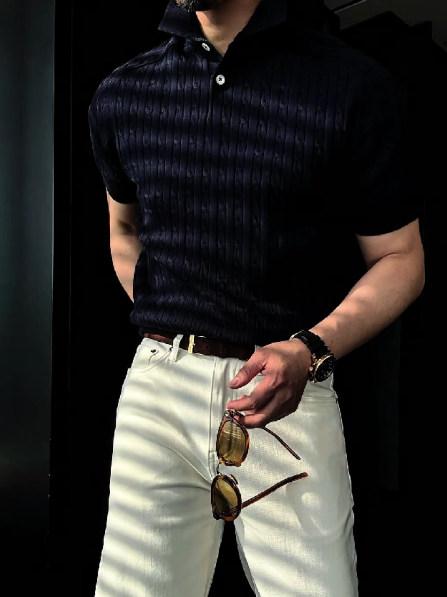 Cable Knit Stand Collar Shirt