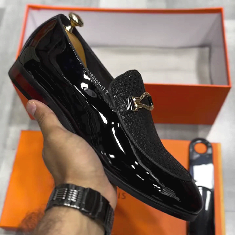 Men's Shiny Leather Slip-On Loafers with Buckle Strap