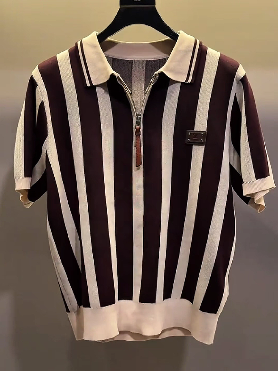Stripe Knit Zip Polo Shirt