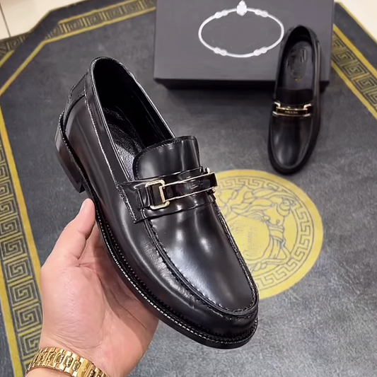 Men's Leather Loafers with Metal Buckle Strap