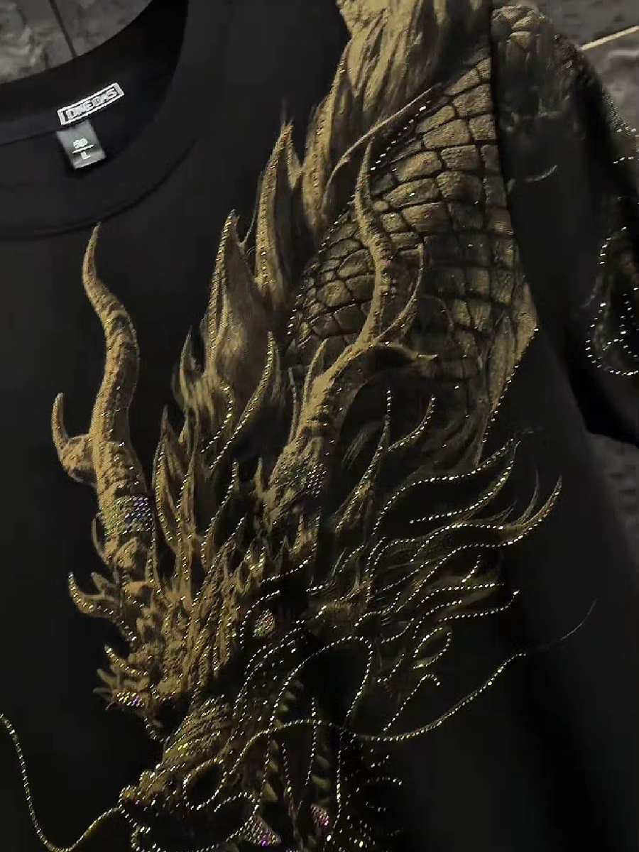 Men's Rhinestone Dragon Shoulder Graphic T-Shirt