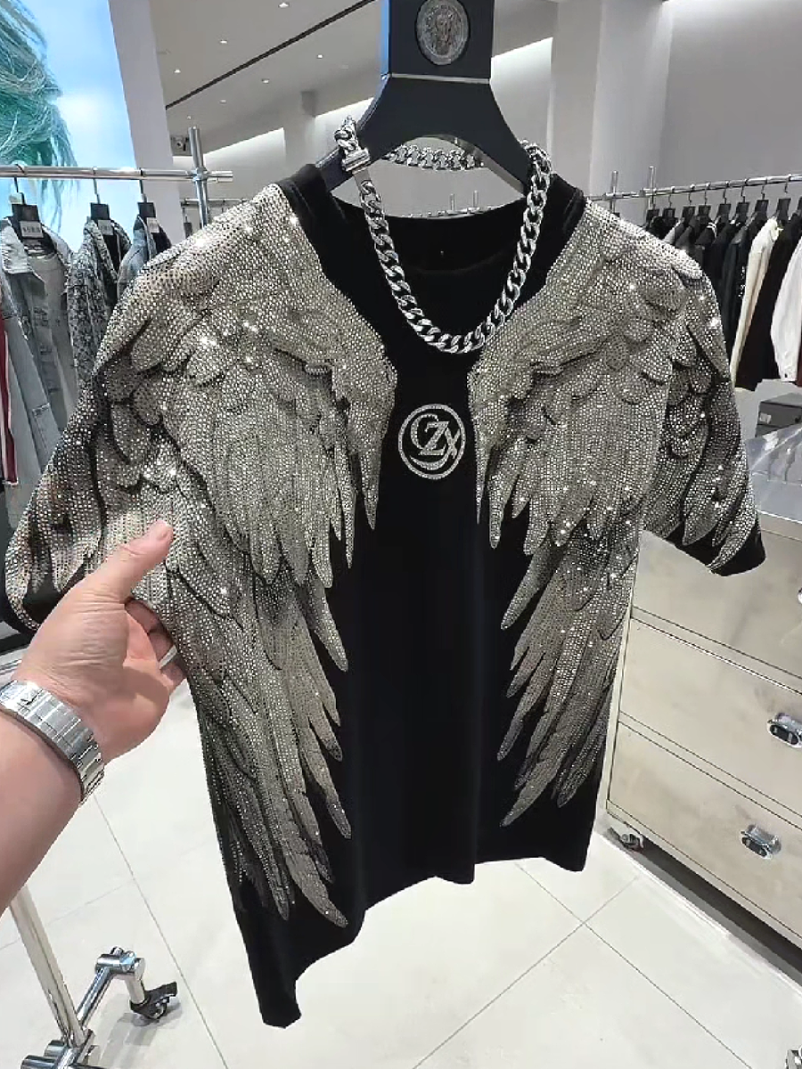 Men's Rhinestone Angel Wings Short Sleeve T-Shirt
