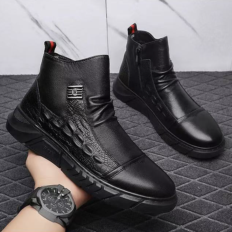 Men's Croc-Embossed Leather Boots with Elastic Side Panels