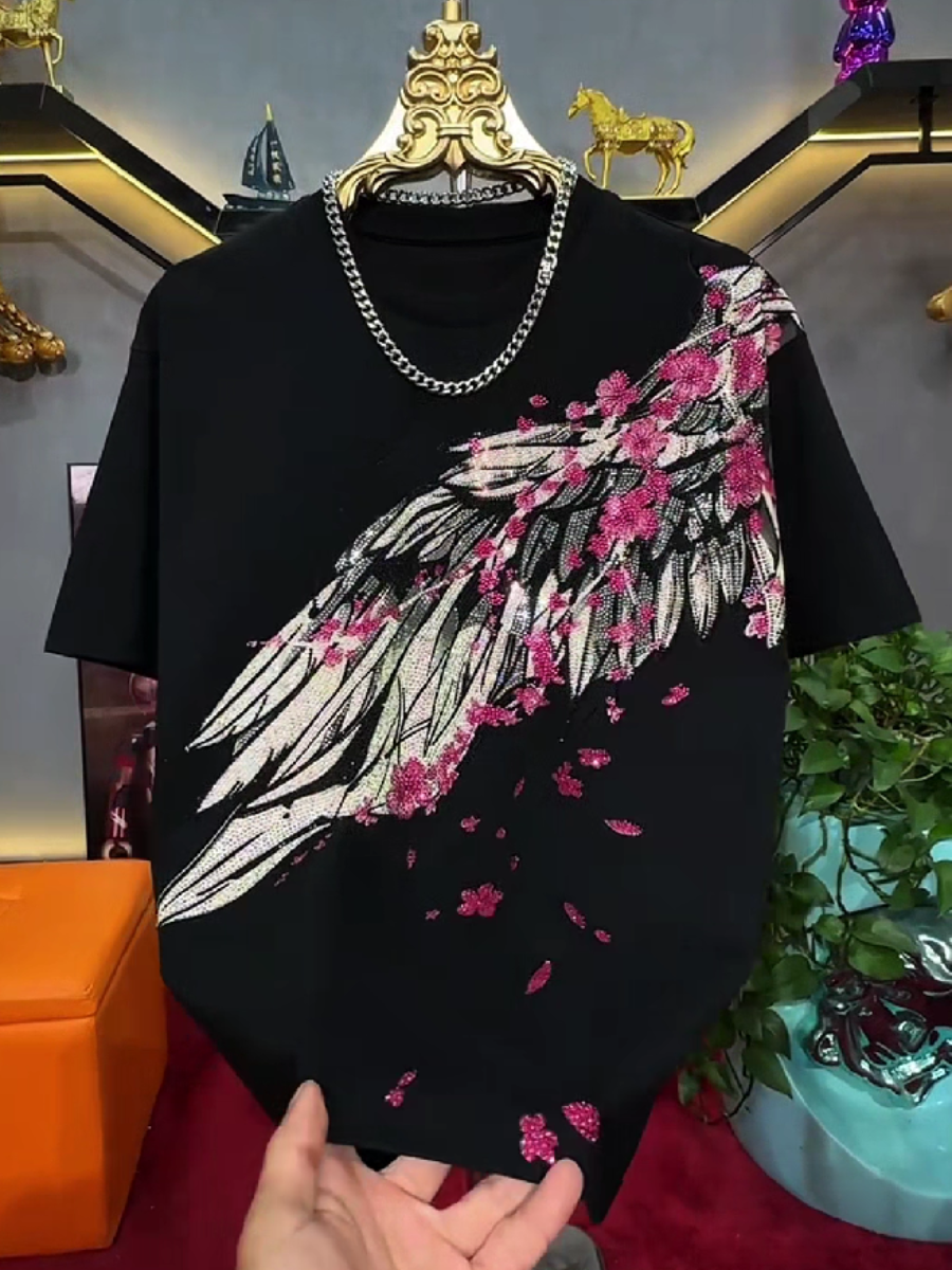 Men's Rhinestone Floral Wings Graphic T-Shirt