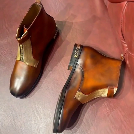 Men's Leather Boots with Zipper and Buckle Strap