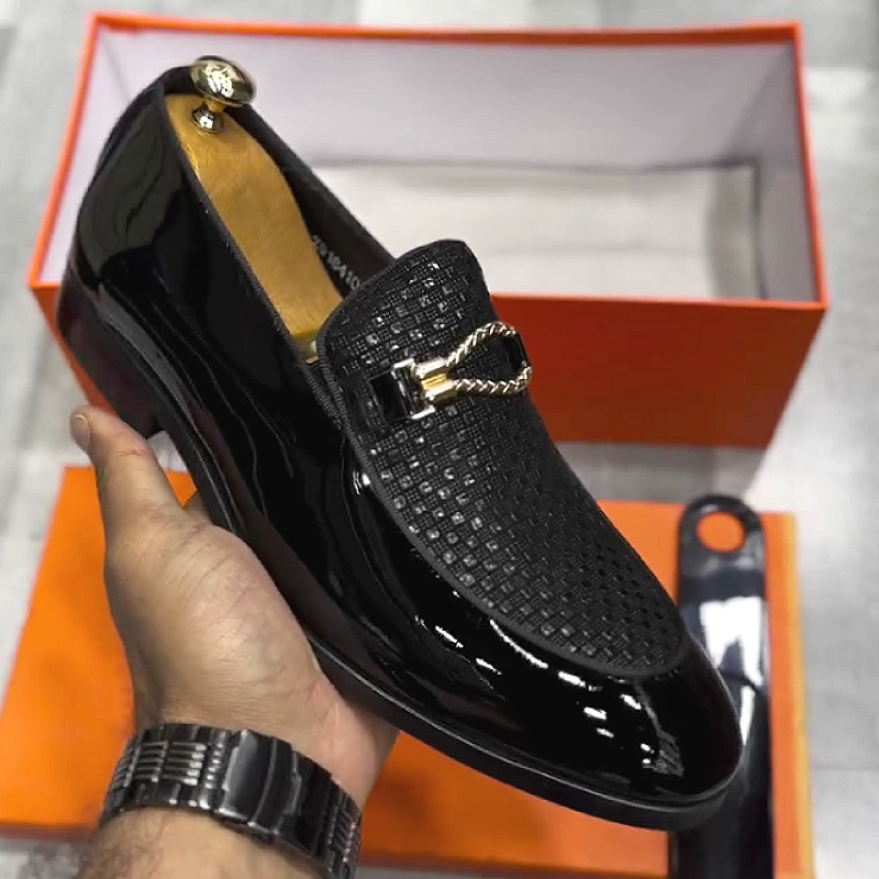 Men's Shiny Leather Slip-On Loafers with Buckle Strap