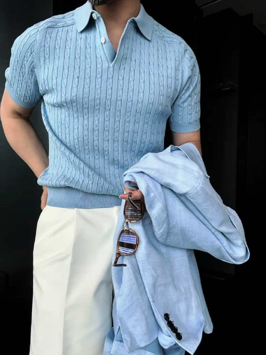Men's Cable Knit Short Sleeve Polo Shirt