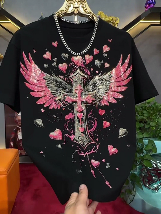 Men's Rhinestone Winged Cross T-Shirt