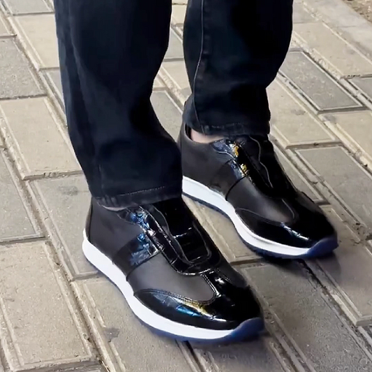 Men's Shiny Leather Lace-Up Casual Sneakers