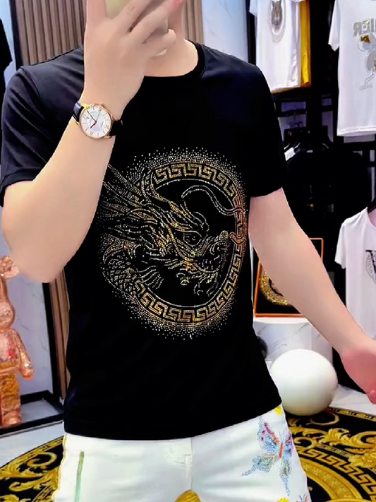 Men's Rhinestone Dragon Greek Key T-Shirt
