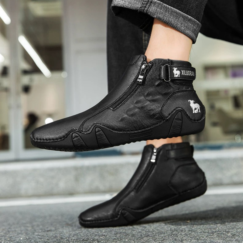 Men's Leather Zip-Up Ankle Boots with Textured Sole