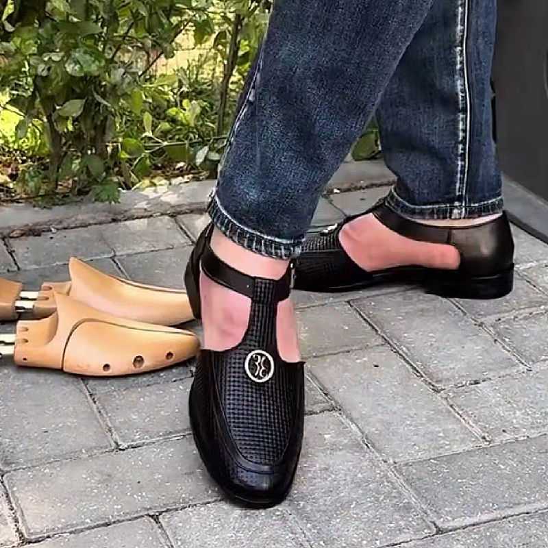 Men's Black T Bar Strap Sandals Shoe
