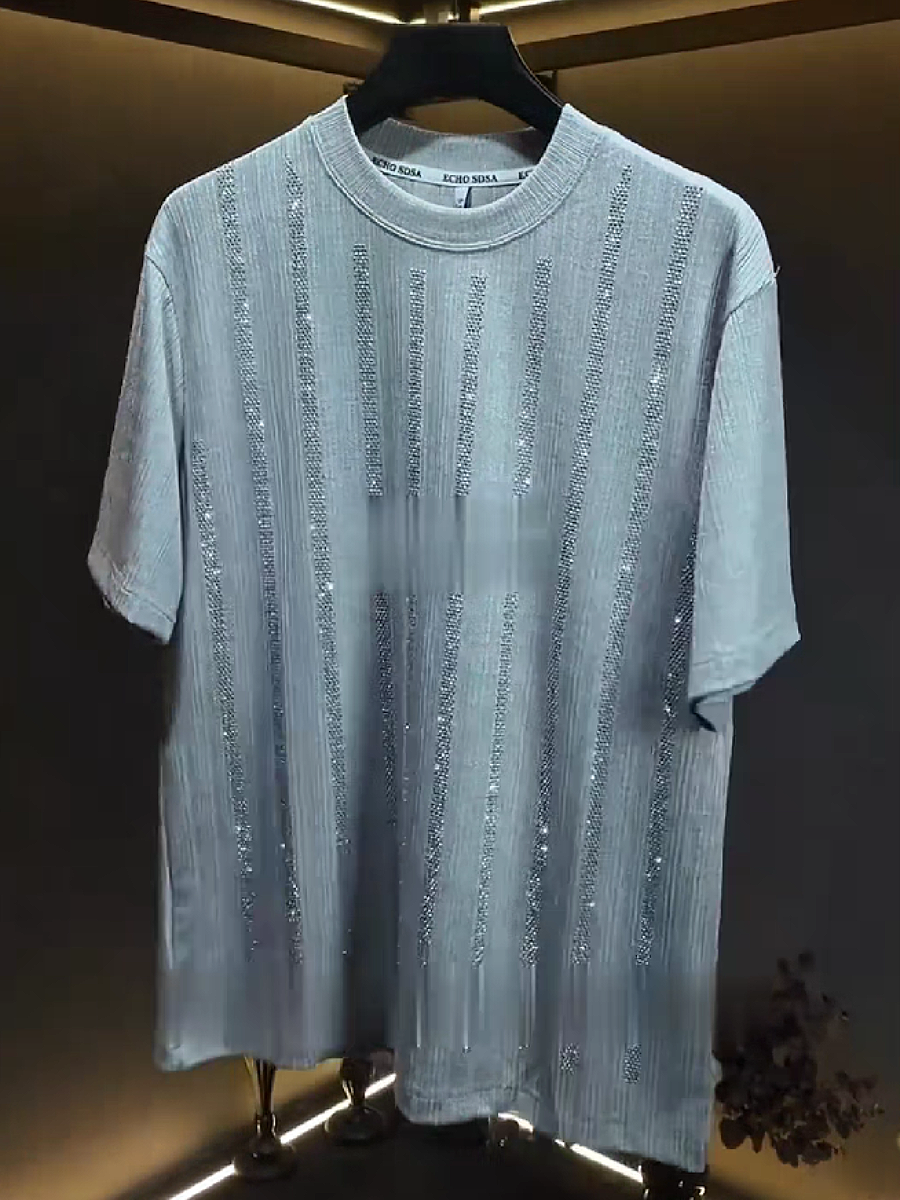 Men's Rhinestone Striped Crew Neck T-Shirt