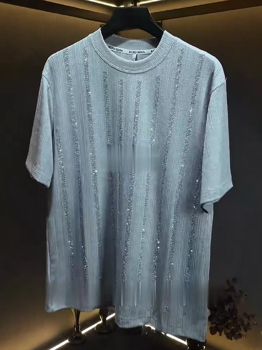 Men's Rhinestone Striped Crew Neck T-Shirt