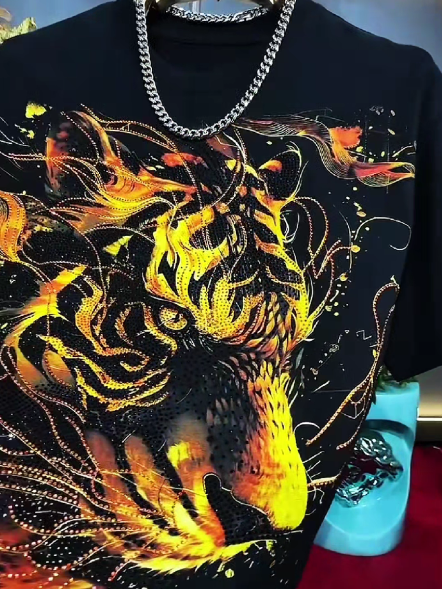 Men's Rhinestone Flaming Tiger Graphic T-Shirt