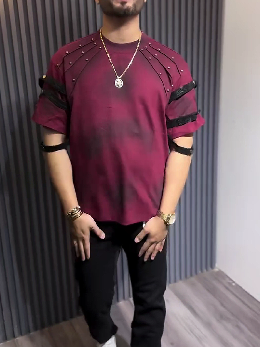 Men's Studded Mesh Panel Short Sleeve T-Shirt