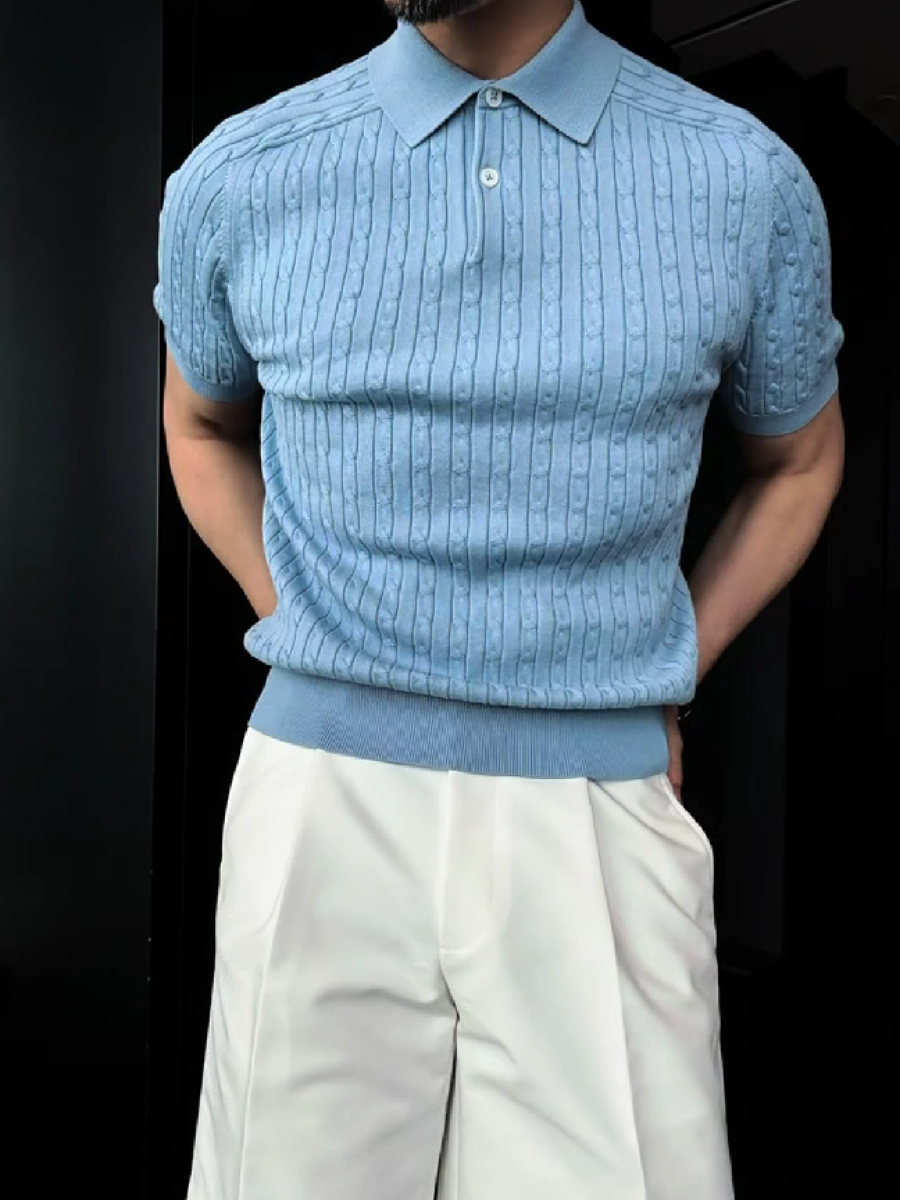Men's Cable Knit Short Sleeve Polo Shirt