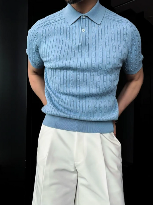 Men's Cable Knit Short Sleeve Polo Shirt