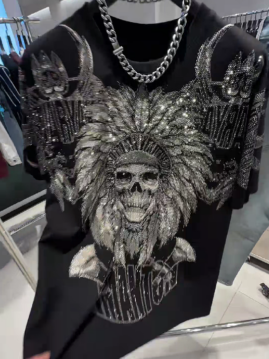 Men's Rhinestone Skull Chief Graphic T-Shirt