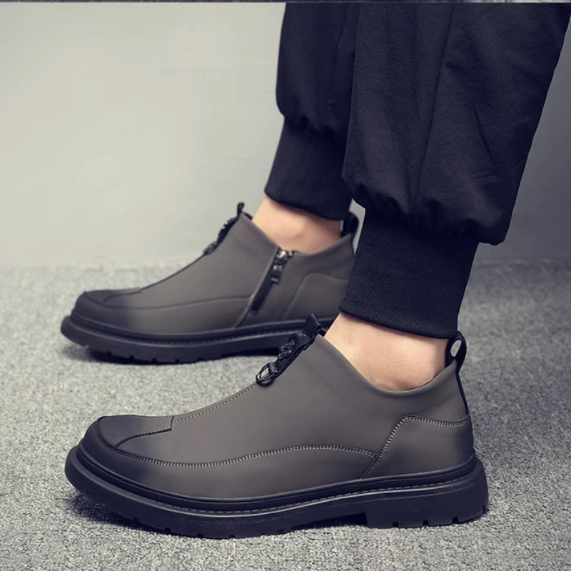 Men's Leather Zip-Up Casual Boots with Thick Sole