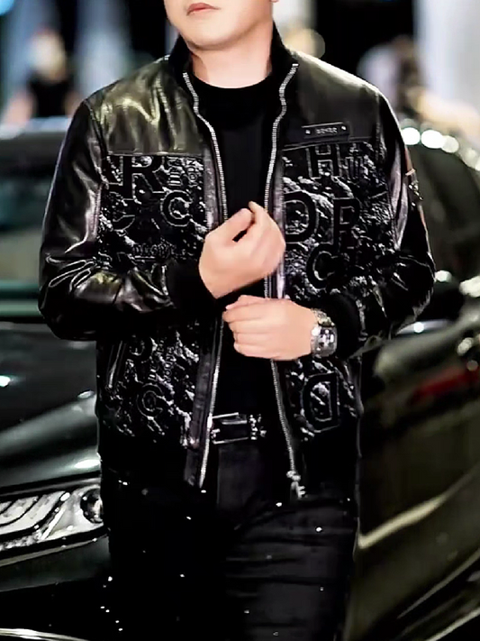 Embossed Logo Leather Bomber Jacket