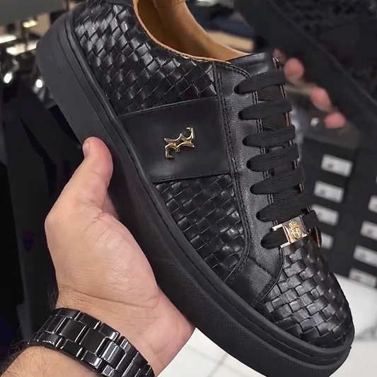 Men's Woven Leather Sneakers with Metal Accent