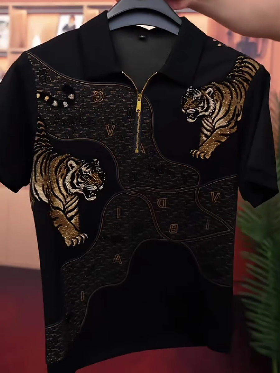 Men's Half-Zip Tiger Embroidery Polo Shirt
