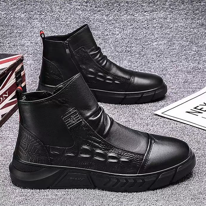 Men's Croc-Embossed Leather Boots with Elastic Side Panels