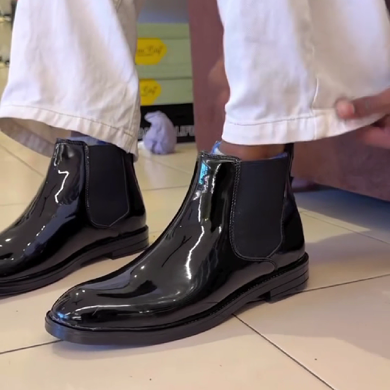Men's Patent Leather Chelsea Boots with Elastic Side Panels
