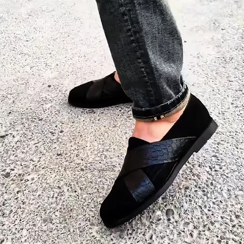 Men's Black Croco Print Slip On Sandals