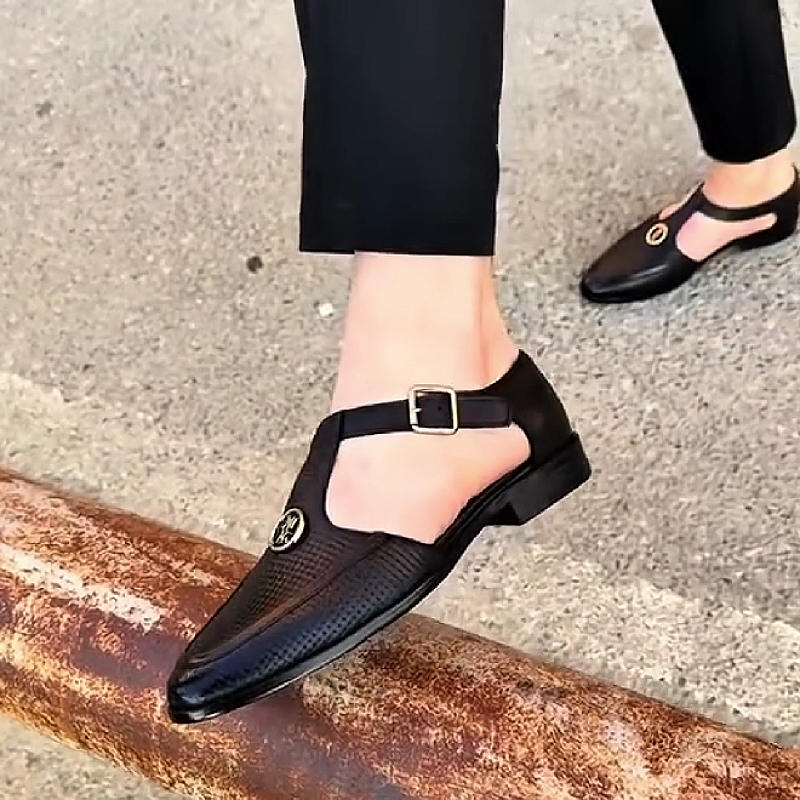 Men's Black T Bar Strap Sandals Shoe