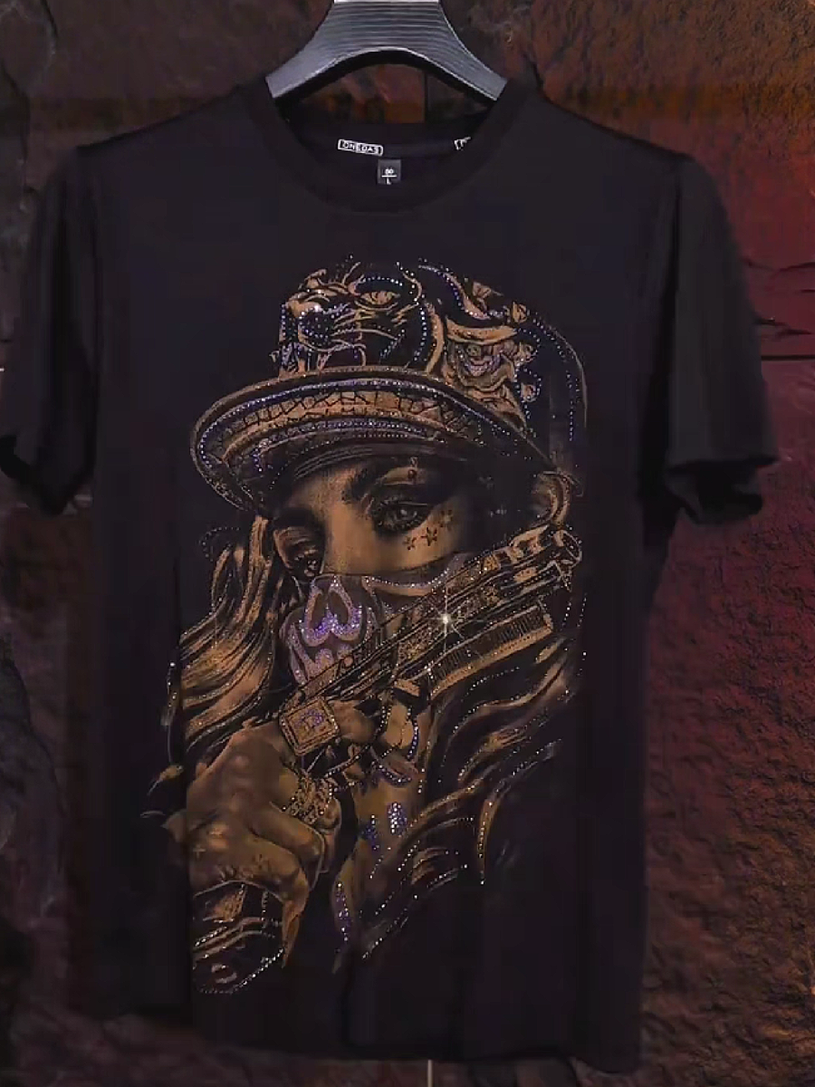 Men's Rhinestone Girl With Gun Graphic T-Shirt