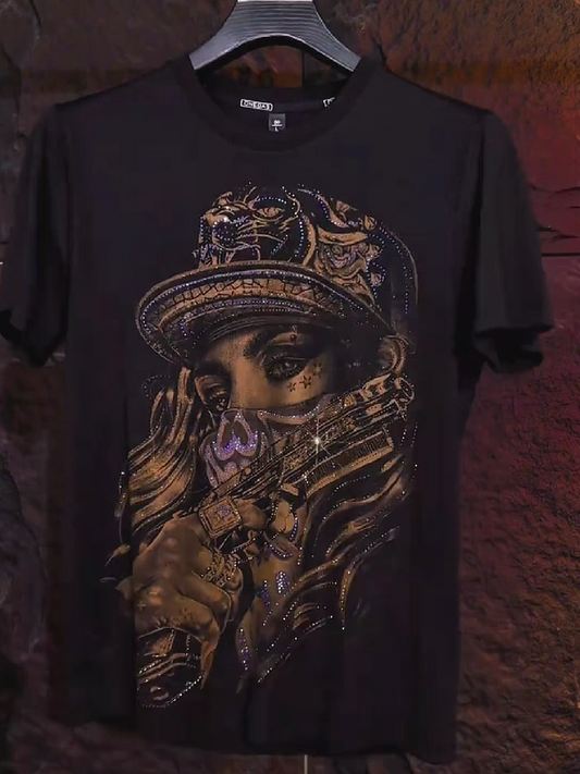 Men's Rhinestone Girl With Gun Graphic T-Shirt